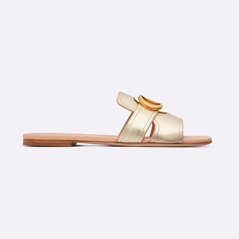 Front angle of Dior Women 30 Montaigne Slide Platinum-Tone Metallic Calfskin sandal