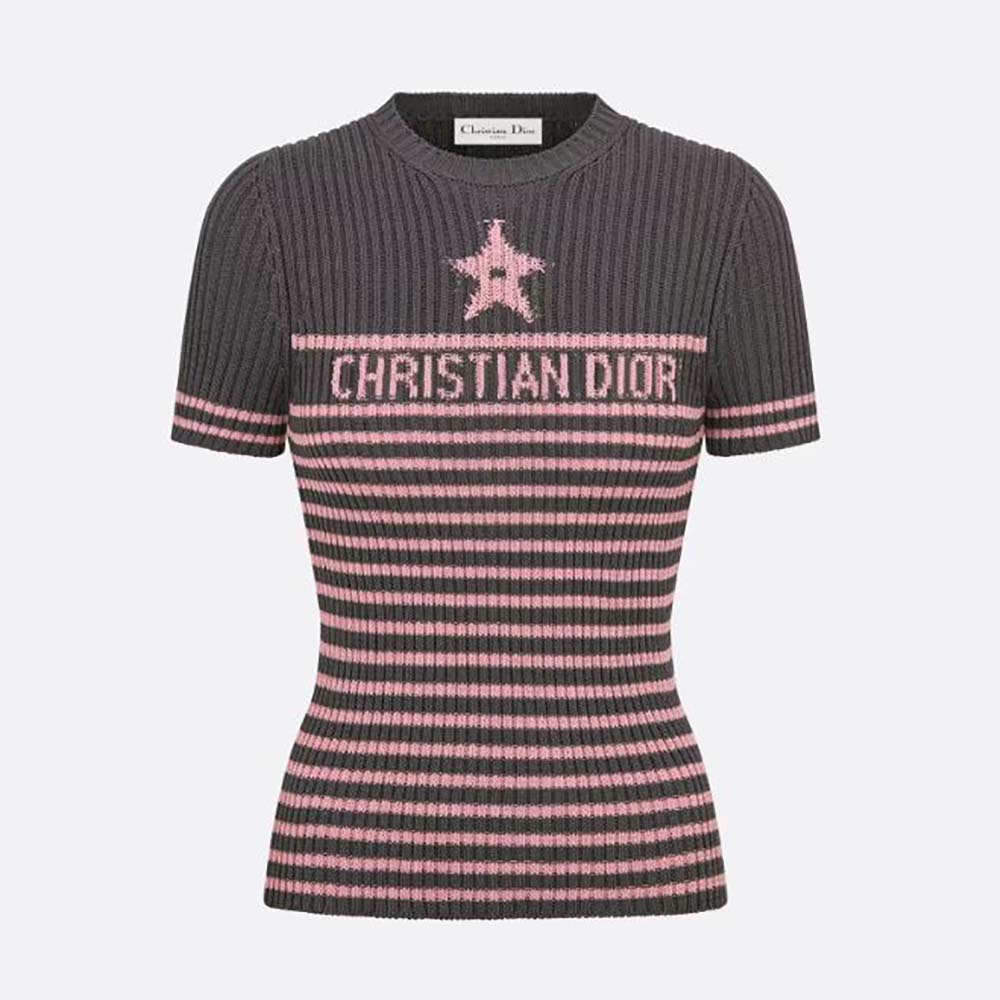 Front view of Dior Women Dioriviera Short-sleeved Sweater gray and pink cotton knit
