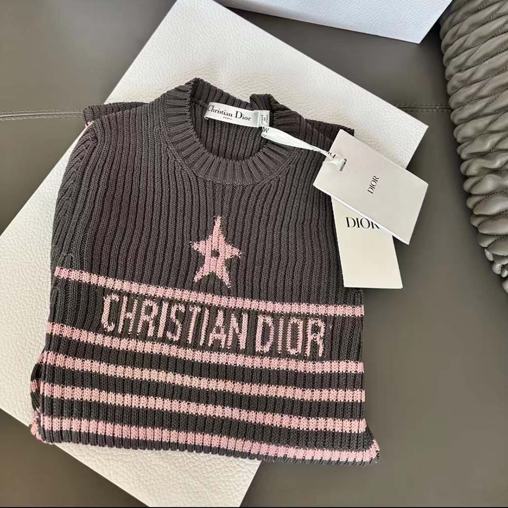 Close-up detail of signature Dior logo embroidery on Dioriviera sweater