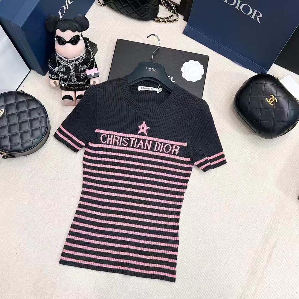 Dior Women Dioriviera Short-sleeved Sweater Gray and Pink Cotton Knit with Signature - image 6