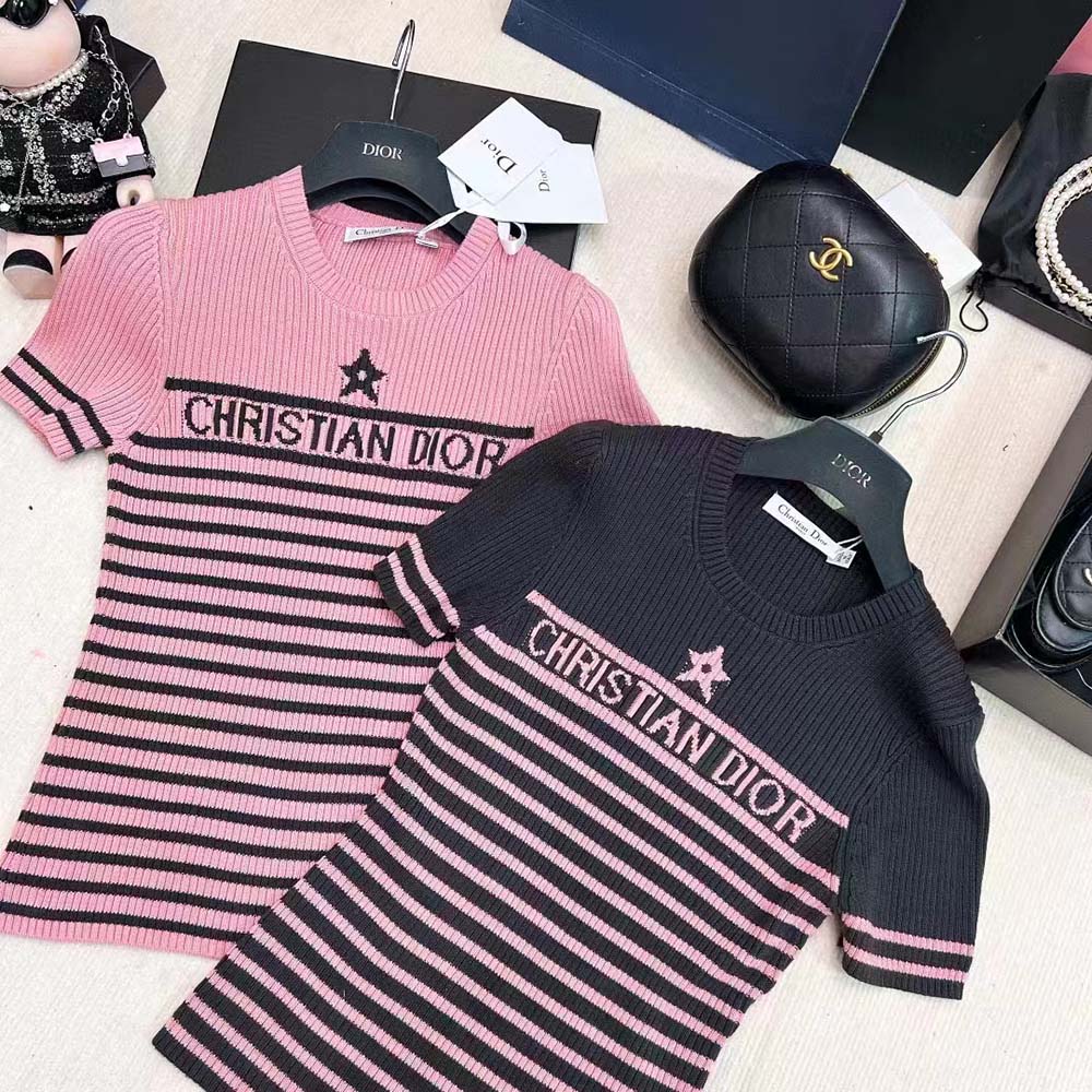 Dior Women Dioriviera Short-sleeved Sweater Gray and Pink Cotton Knit with Signature - image 5