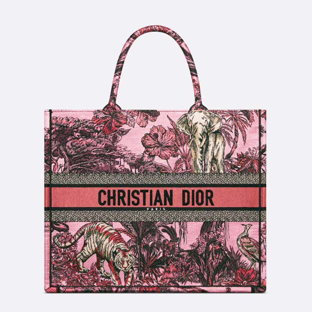 Front view of Dior Women Large Dior Book Tote Pink Multicolor Toile de Jouy Voyage Embroidery