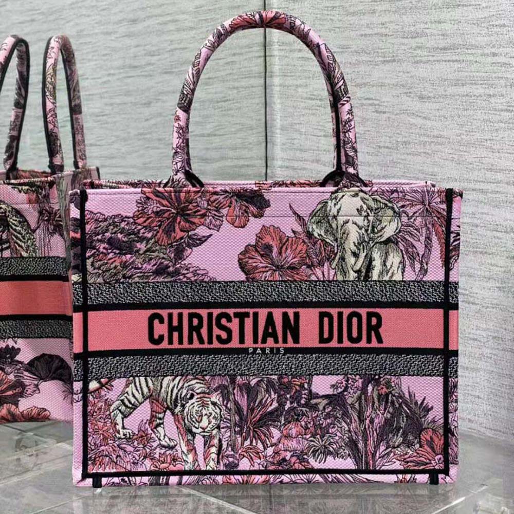 Close-up detail of toile de Jouy embroidery on Dior Women Large Dior Book Tote