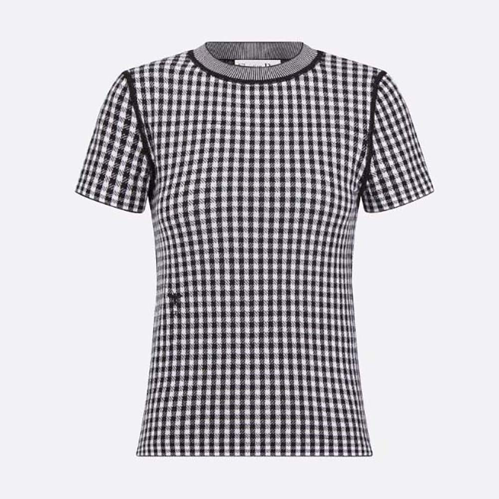 Front view of Dior Women Short-sleeved Sweater Gray and Black Check’n’Dior