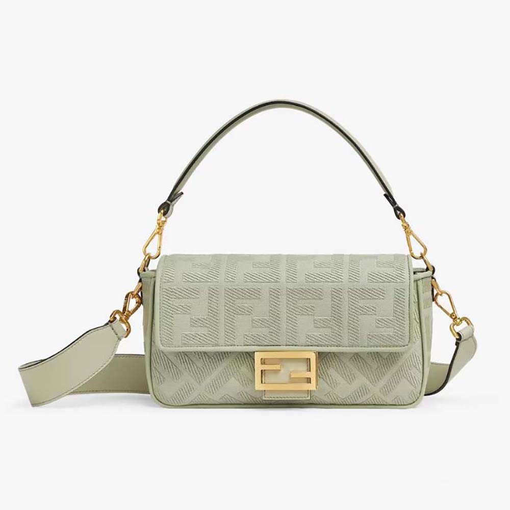 Front view of Fendi Women Baguette Light Green Canvas Bag with FF Embroidery