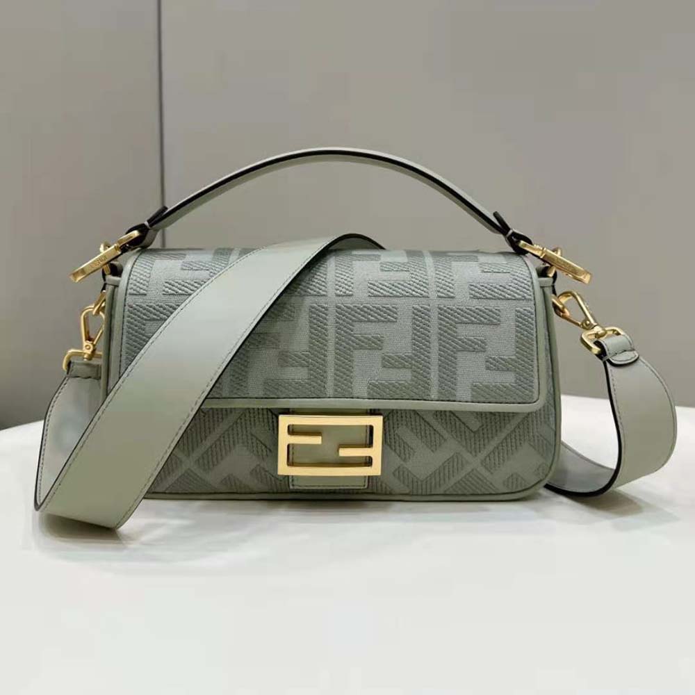 Close-up of FF embroidery detail on Fendi Women Baguette Light Green Canvas Bag