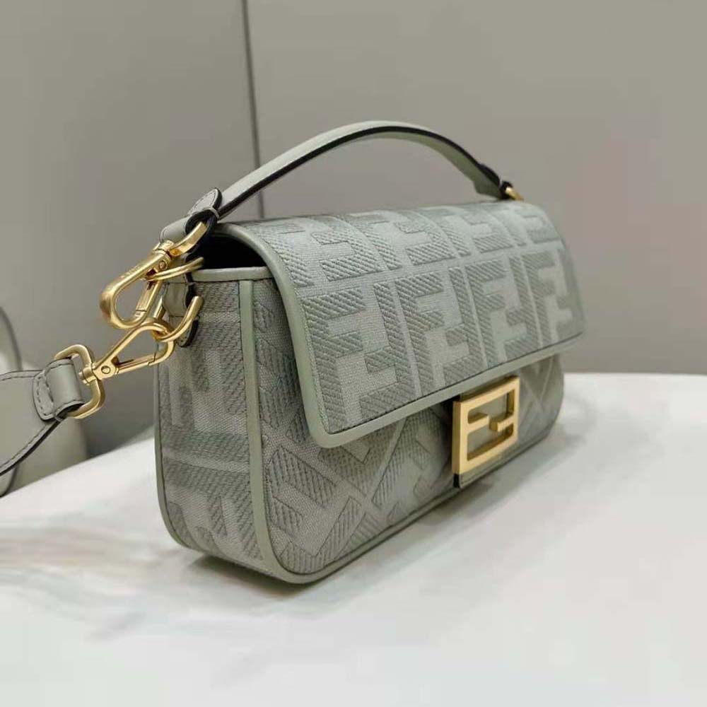 Fendi Women Baguette Light Green Canvas Bag with FF Embroidery - image 4
