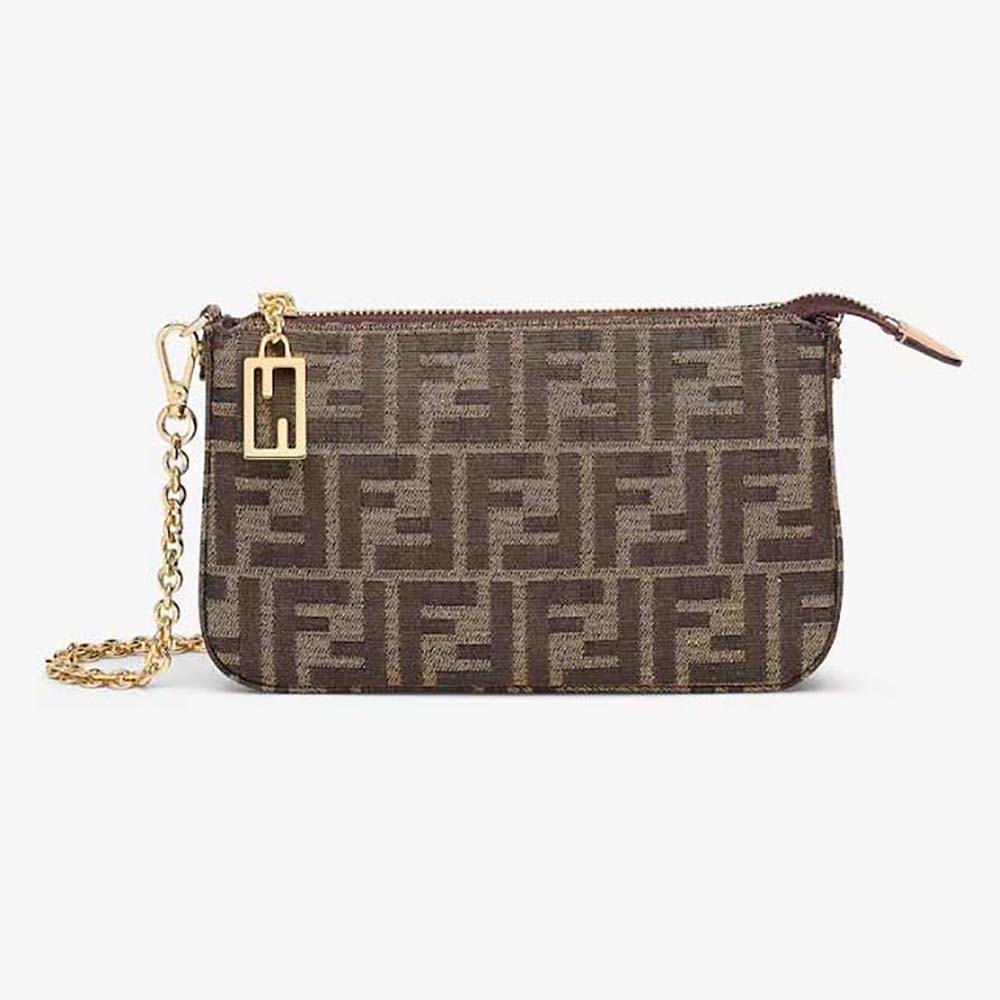 Front view of Fendi Women Baguette Pouch Brown Jacquard FF Fabric Clutch with Chain