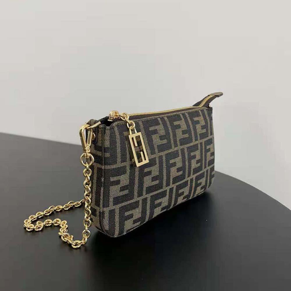 Fendi Women Baguette Pouch Brown Jacquard FF Fabric Clutch with Chain - image 4