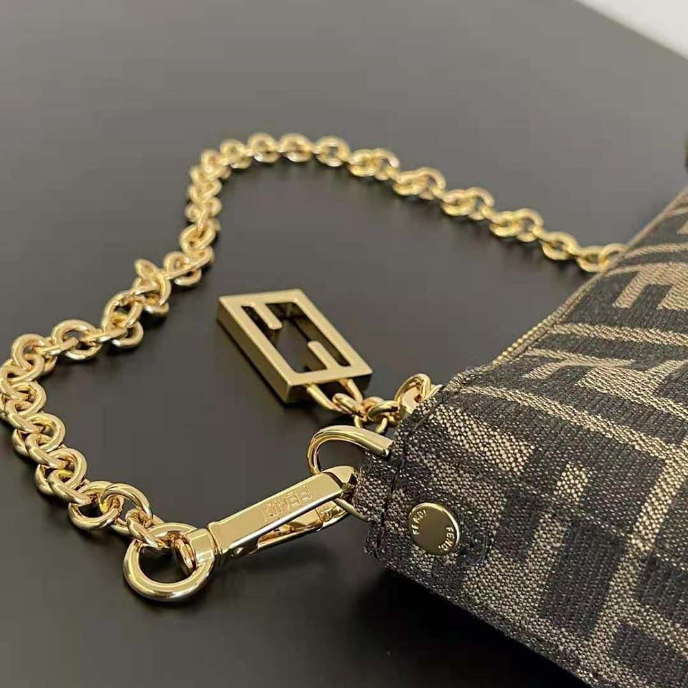 Fendi Women Baguette Pouch Brown Jacquard FF Fabric Clutch with Chain - image 7