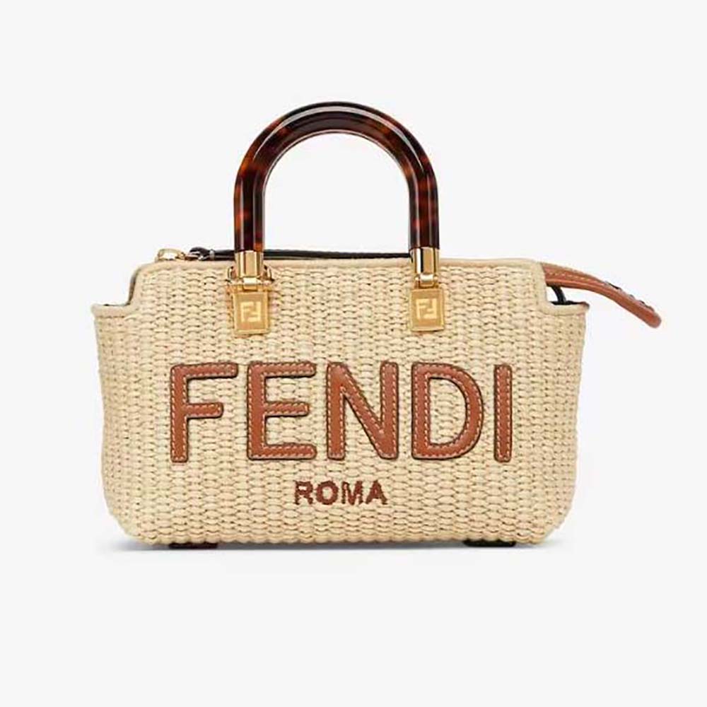 Front view of Fendi Women By The Way Mini Natural Straw Small Boston Bag