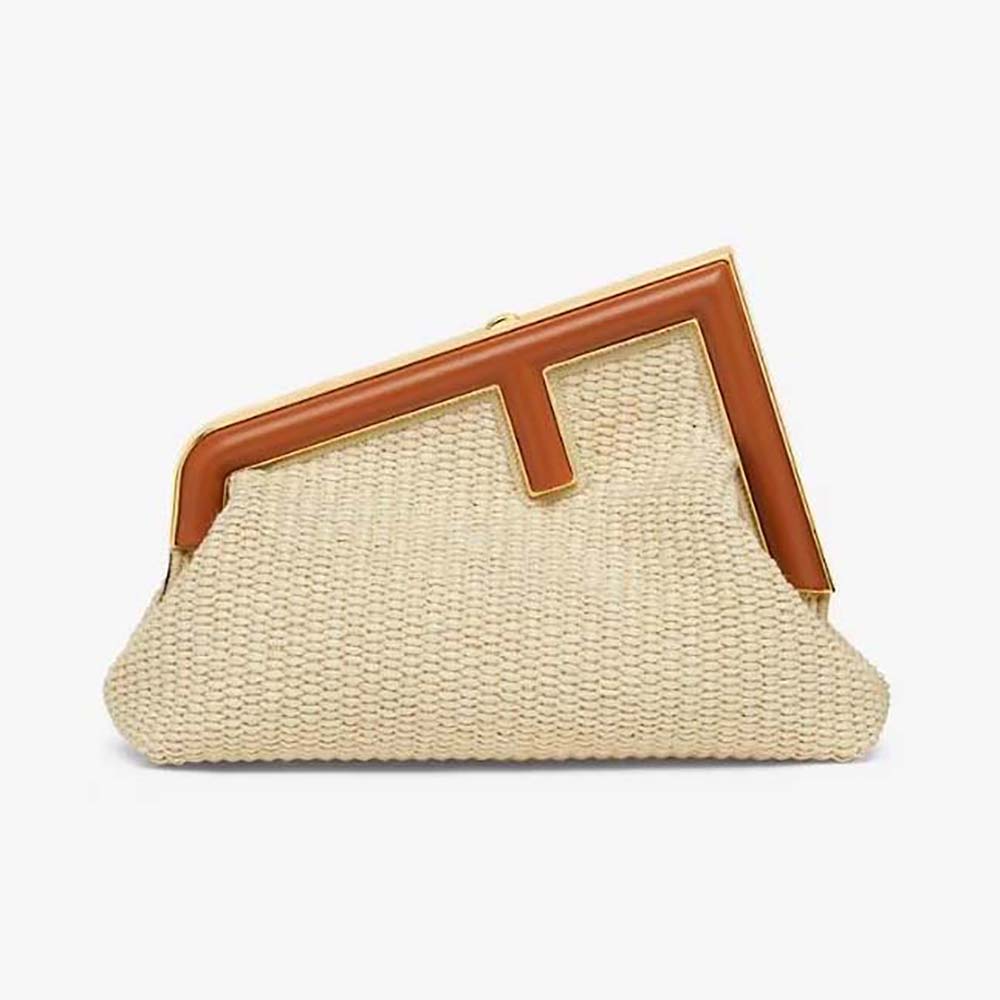 Front view of Fendi Women Fendi First Small Natural Straw Bag beige shoulder bag