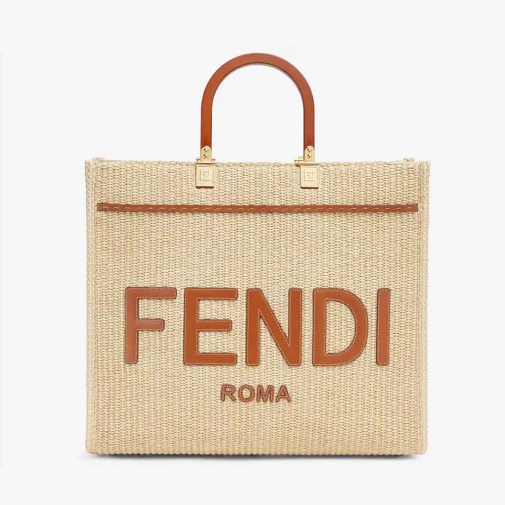 Front view of Fendi Women Fendi Sunshine Medium Shopper in Natural Straw