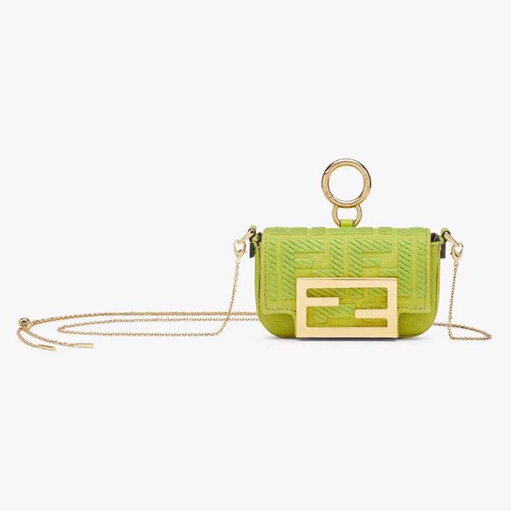 Front view of Fendi Women Nano Baguette Charm Acid Green Canvas Charm