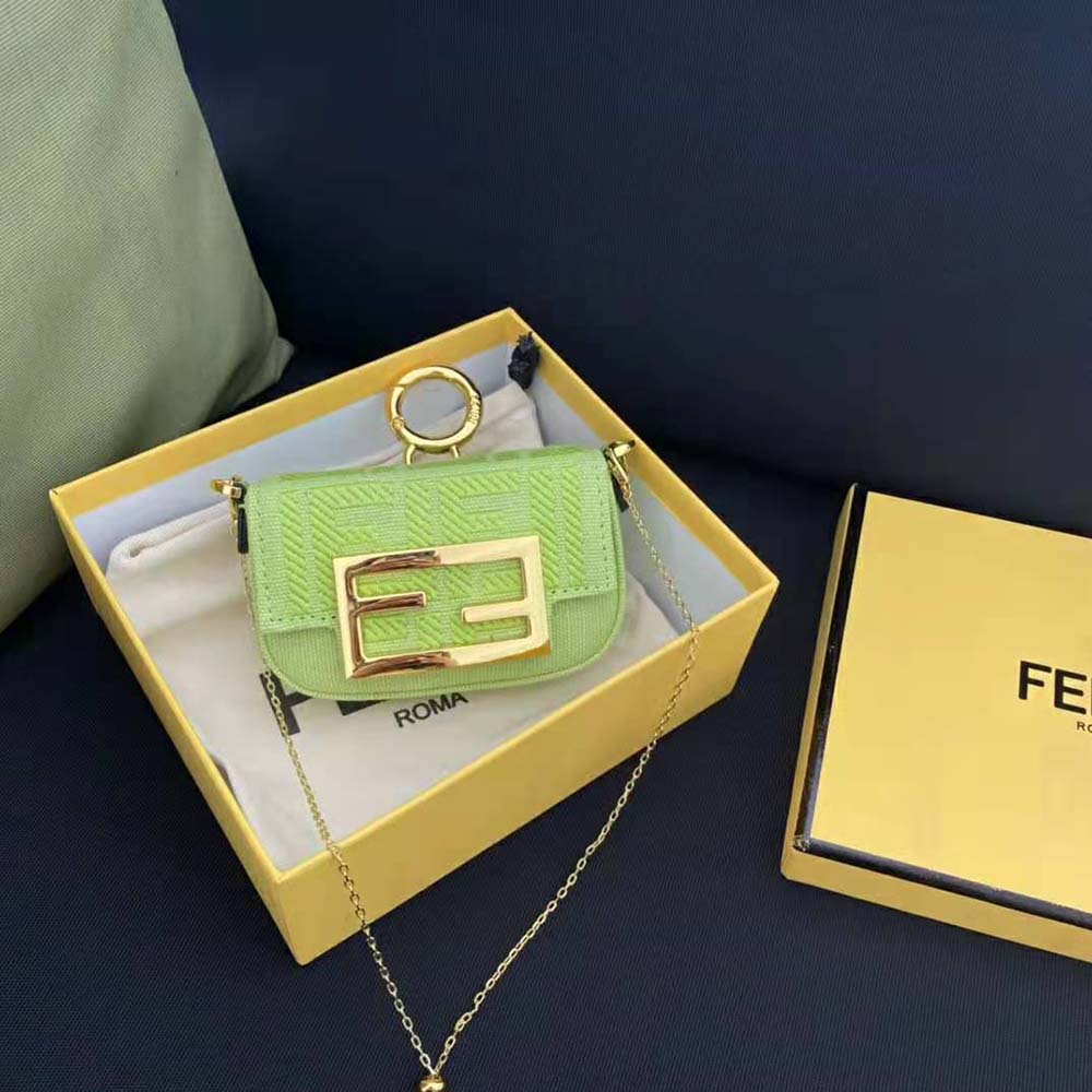 Side angle showing silver hardware of Fendi Women Nano Baguette Charm