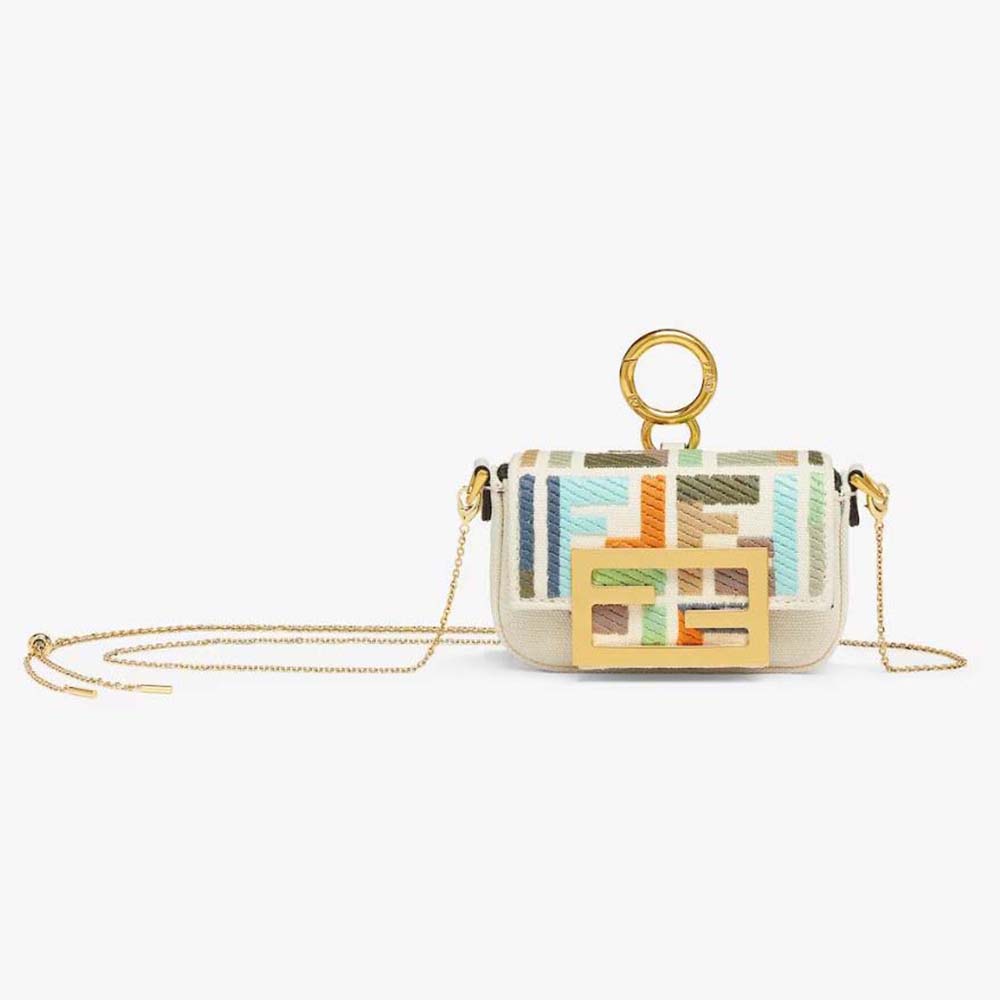 Fendi Women Nano Baguette Charm beige canvas front view close-up