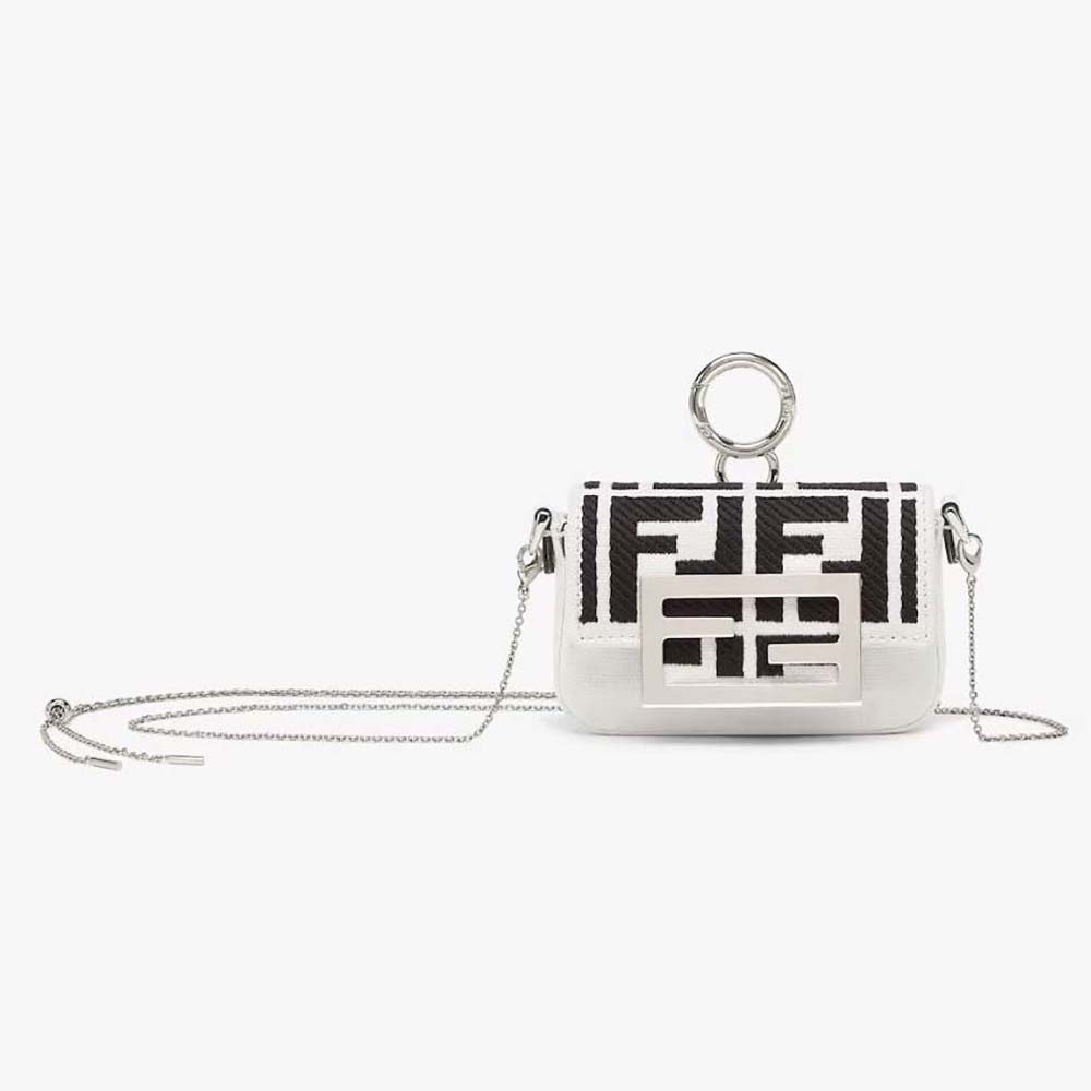 Front view of Fendi Women Nano Baguette Charm embroidered white canvas
