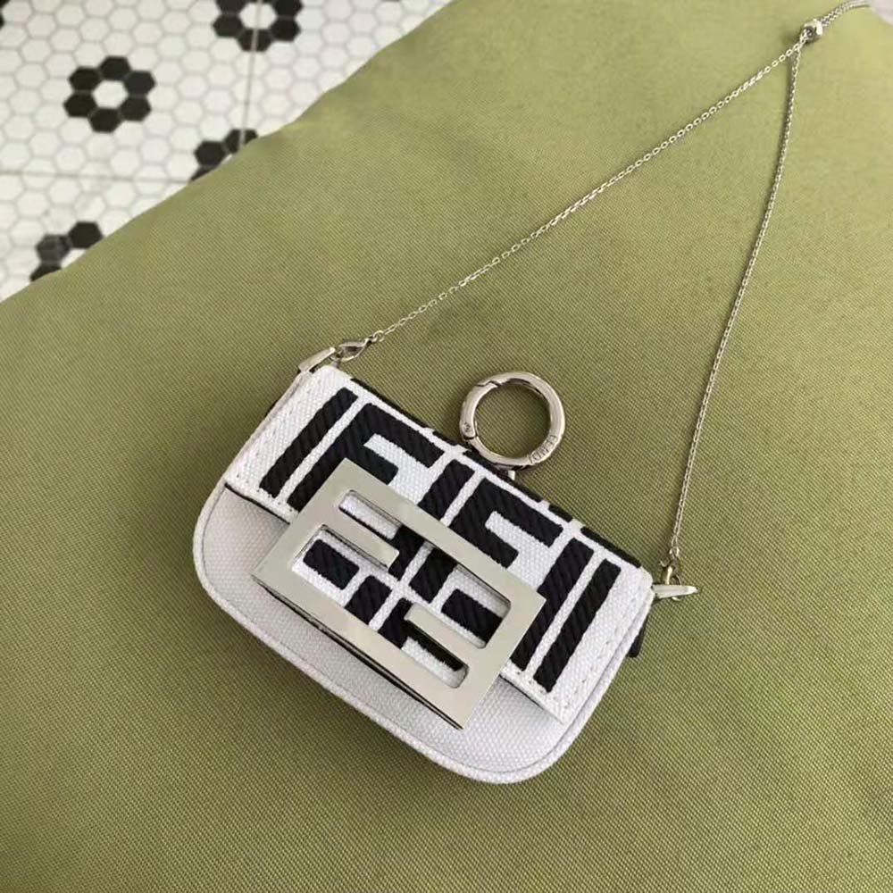 Side angle showing compact silhouette of Fendi Women Nano Baguette Charm