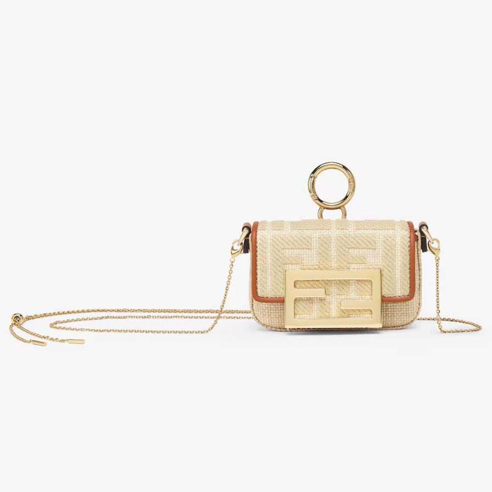 Front view of Fendi Women Nano Baguette Charm Natural Raffia Charm beige design