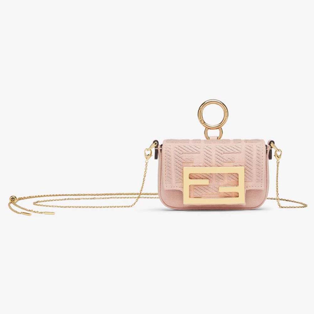 Front view of Fendi Women Nano Baguette Charm Pink Canvas Charm with FF embroidery