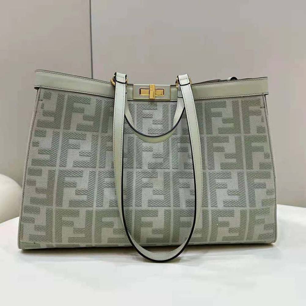 Close-up of FF embroidery on Fendi Women X-Tote Light Green Canvas Shopper
