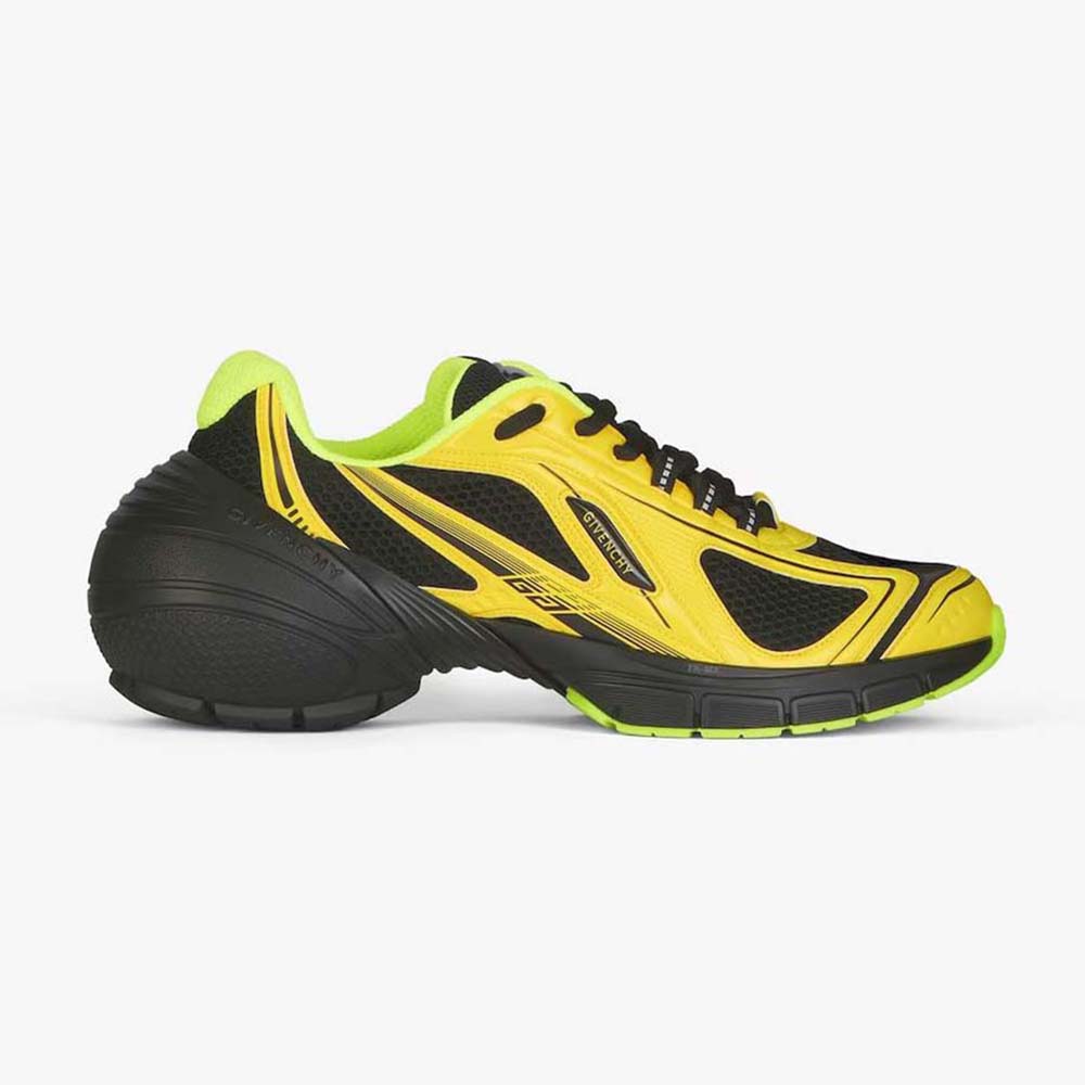 Side profile of Givenchy Unisex TK-MX Runner Sneakers in bright yellow mesh