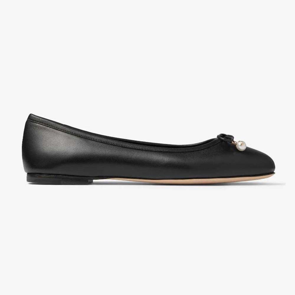 Side view of Jimmy Choo Women Elme Flat Black Nappa Leather Flats with Pearl Embellishment