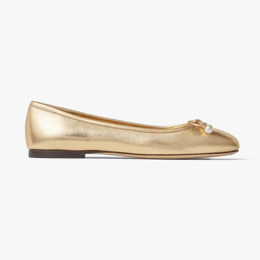 Side profile of Jimmy Choo Women Elme Flat Gold Metallic Nappa Leather Flats