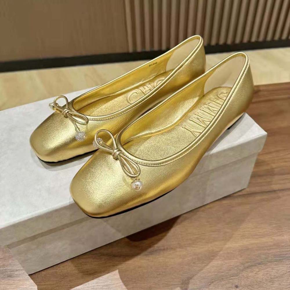 Jimmy Choo Women Elme Flat Gold Metallic Nappa Leather Flats with Pearl Embellishment - image 4