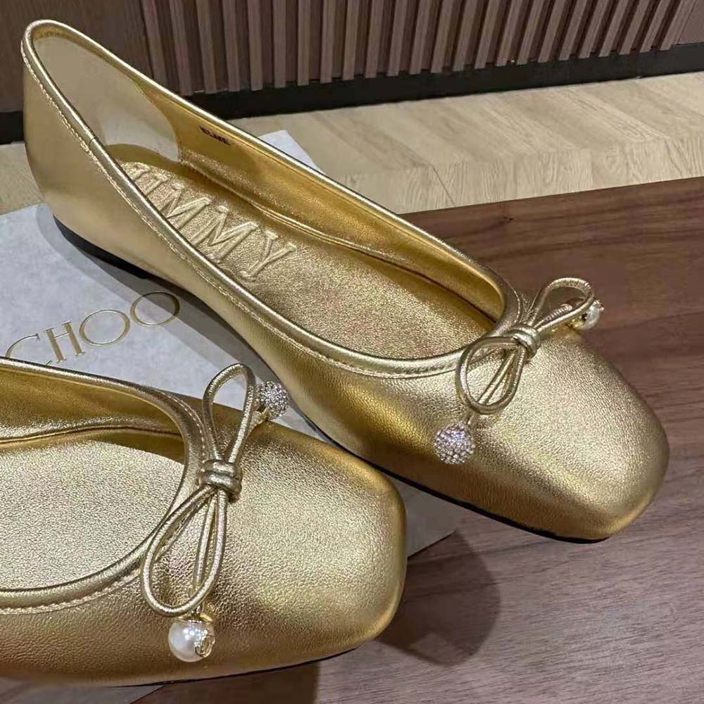 Jimmy Choo Women Elme Flat Gold Metallic Nappa Leather Flats with Pearl Embellishment - image 5