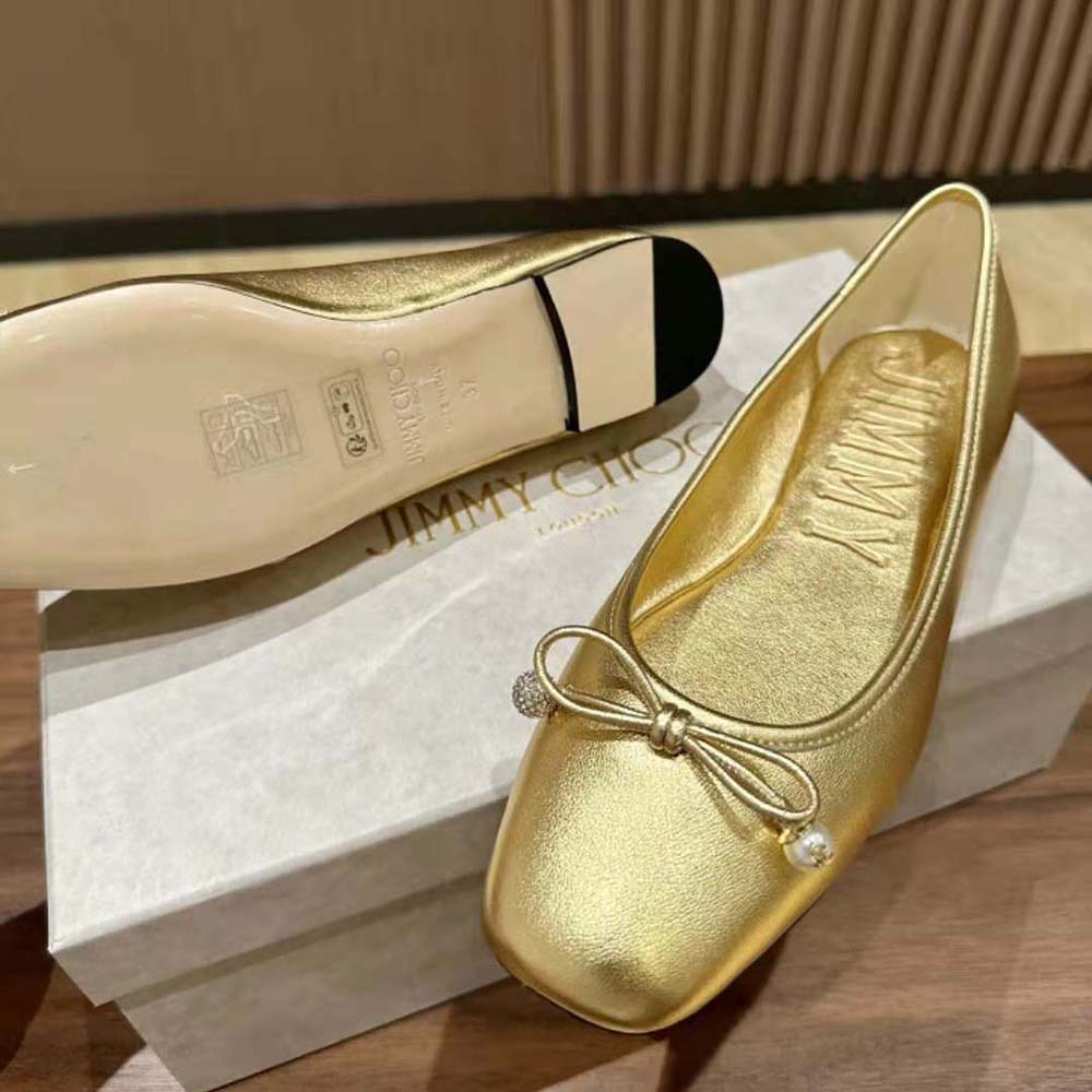Jimmy Choo Women Elme Flat Gold Metallic Nappa Leather Flats with Pearl Embellishment - image 8