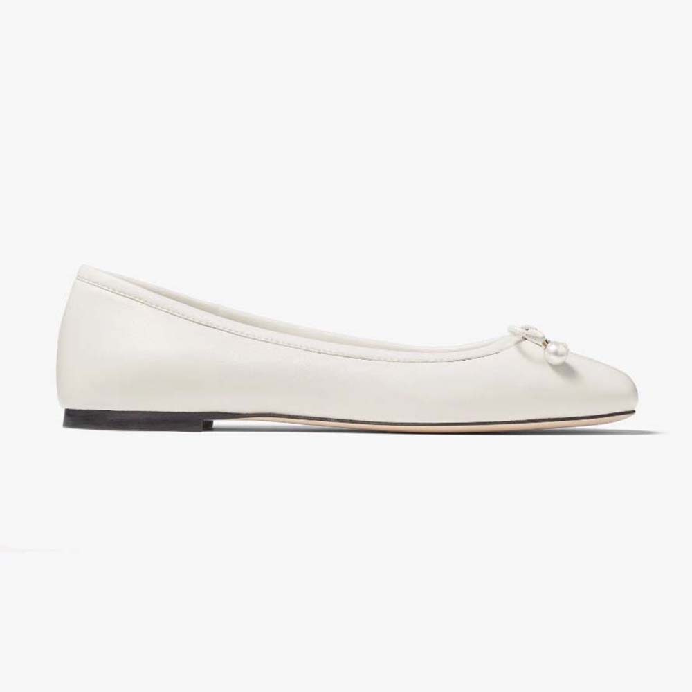 Side angle of Jimmy Choo Women Elme Flat Latte Nappa Leather Flats with pearl detail