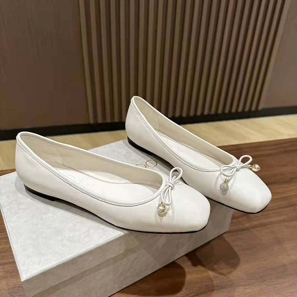 Top view of Jimmy Choo Women Elme Flat Latte Nappa Leather Flats in white nappa leather