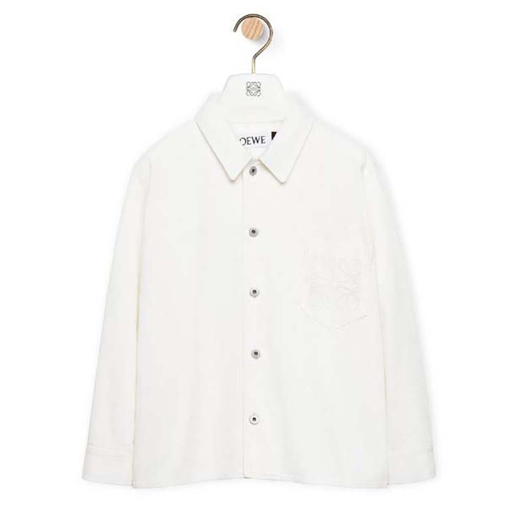Front view of Loewe Women Anagram Overshirt in Denim-White with button closure