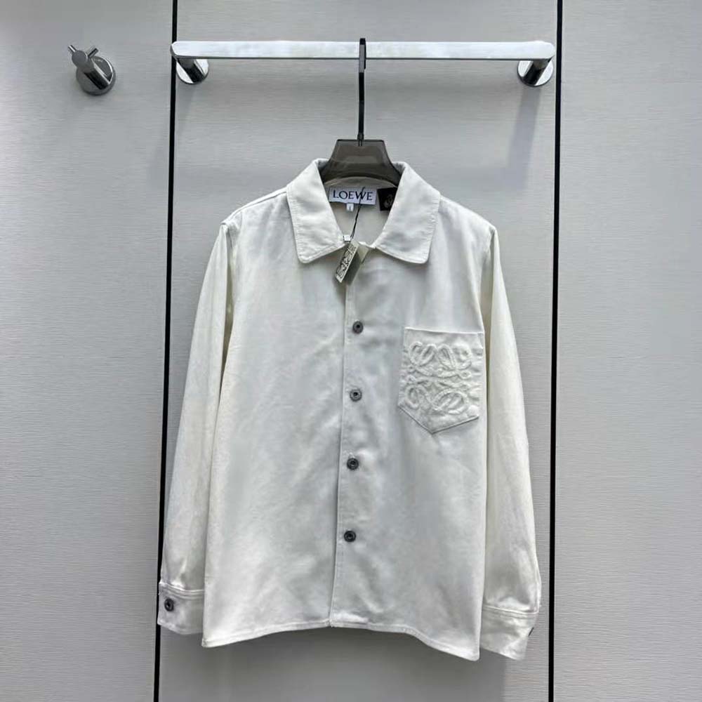 Side angle showing relaxed silhouette of Loewe Women Anagram Overshirt in Denim-White