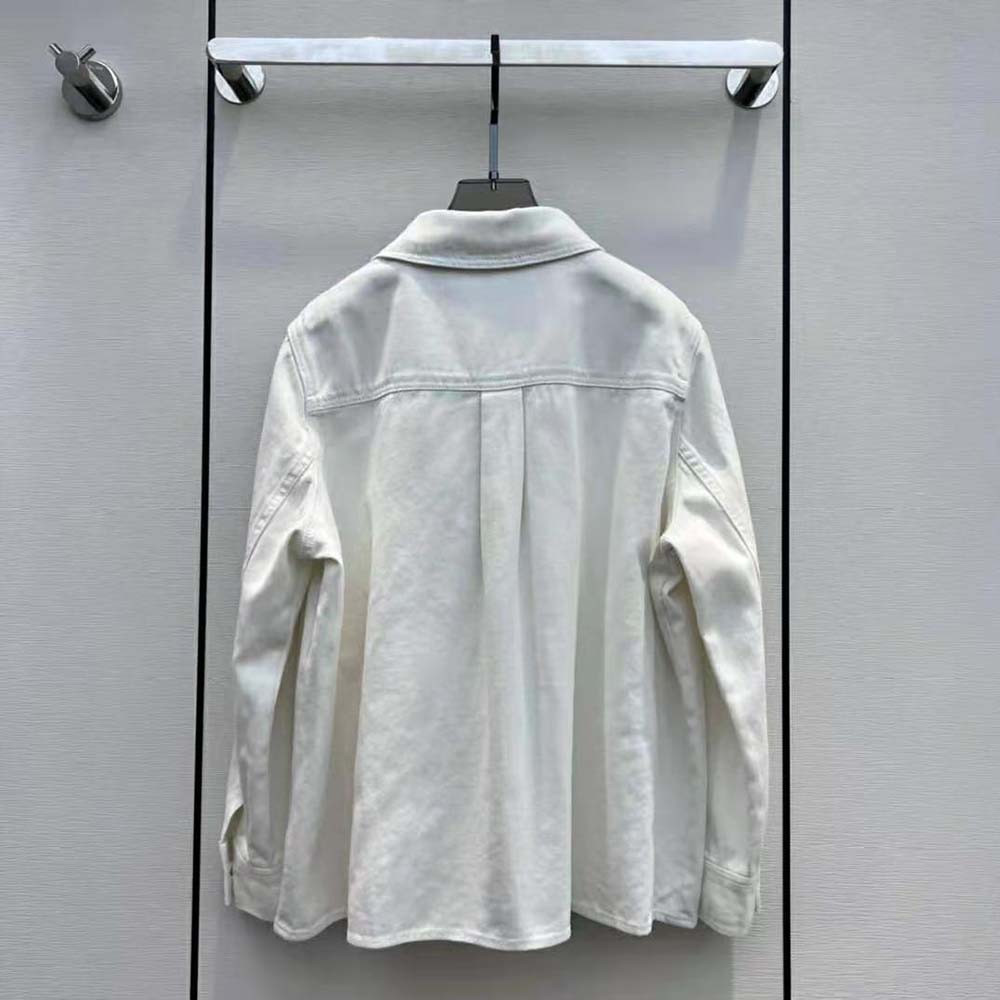 Close-up of embroidered Anagram detail on Loewe Women Anagram Overshirt in Denim-White