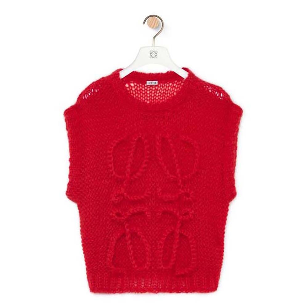 Front view of Loewe Women Anagram Vest in Mohair red color