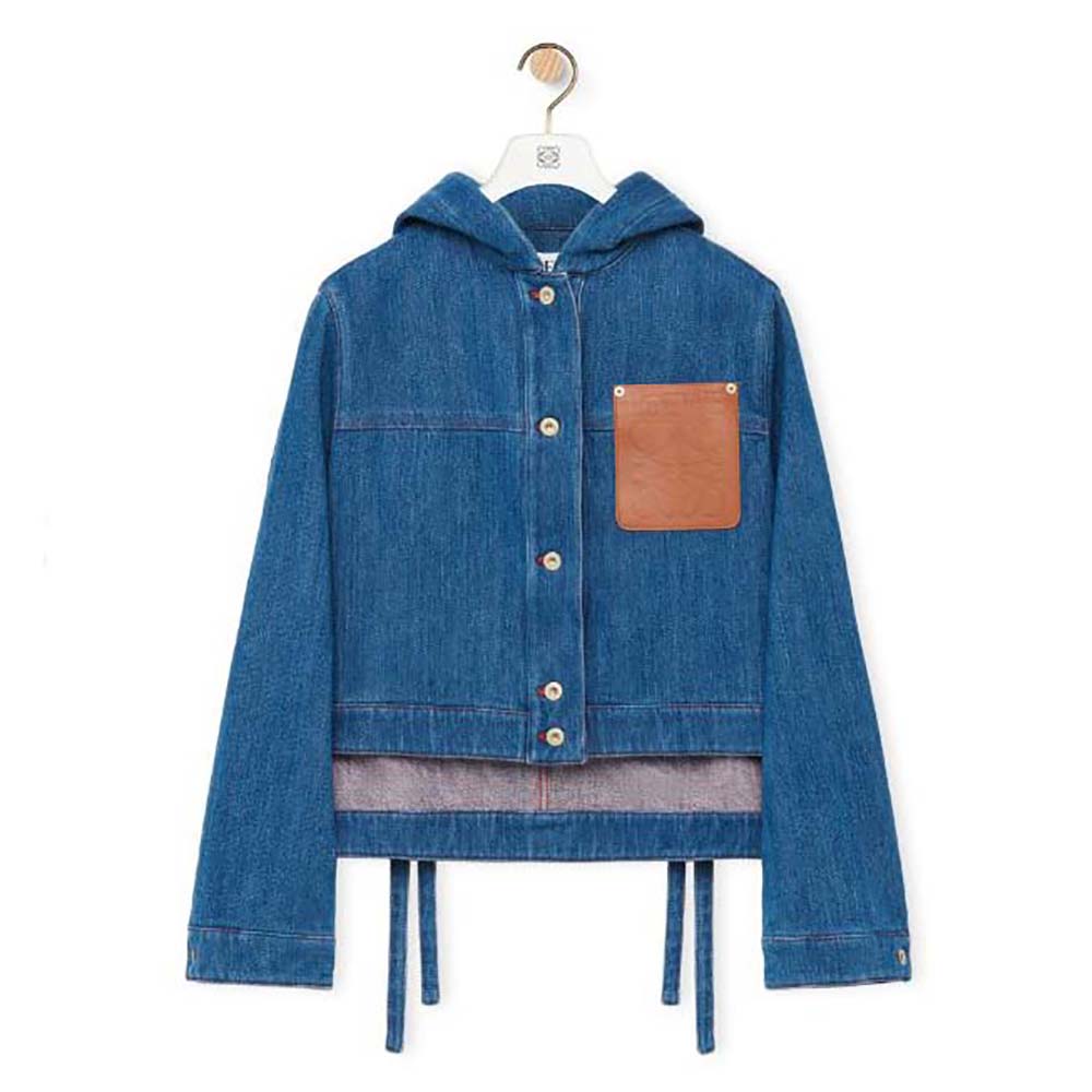 Front view of Loewe Women Cropped Workwear Jacket in Denim navy cotton