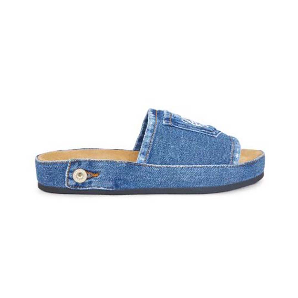 Side view of Loewe Women Deconstructed Slide in Denim-Navy on white background