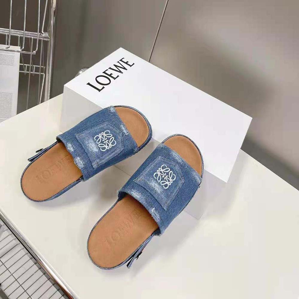 Top-down shot showing flat silhouette of Loewe Women Deconstructed Slide in Denim-Navy