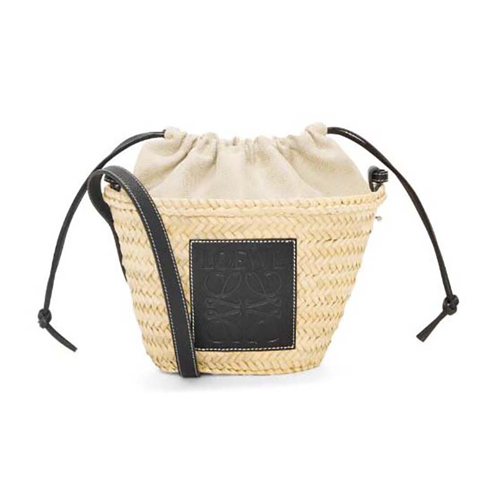Front angle of Loewe Women Drawstring Bucket Bag in Palm Leaf and Calfskin-Black