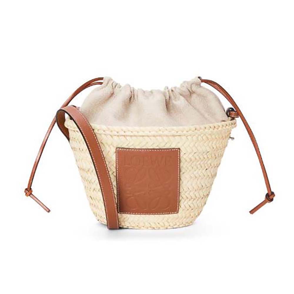 Front view of Loewe Women Drawstring Bucket Bag in Brown palm leaf calfskin