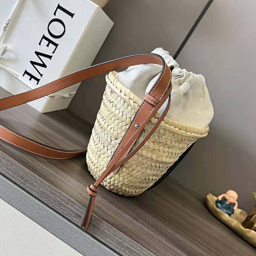 Loewe Women Drawstring Bucket Bag in Palm Leaf and Calfskin-Brown - image 4