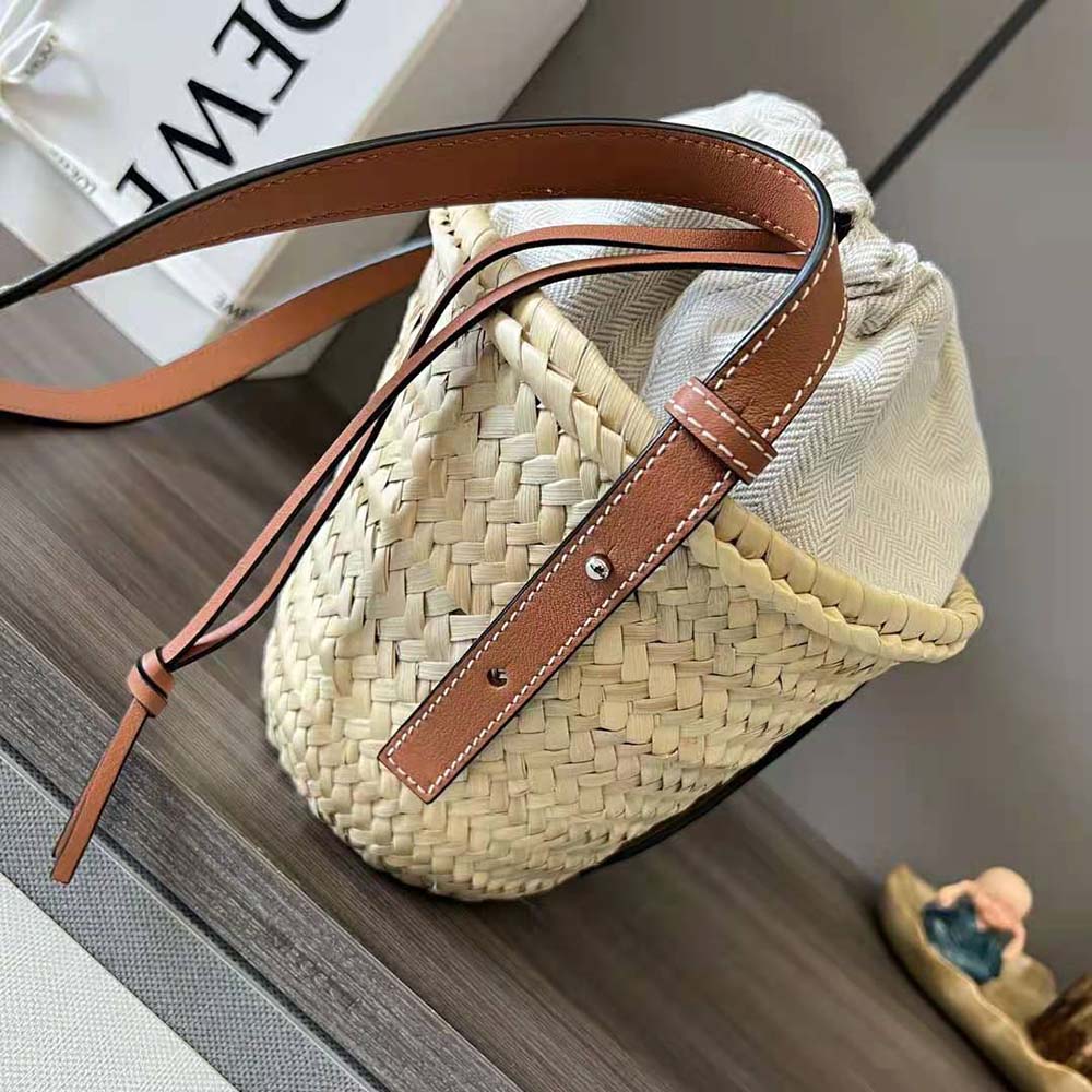 Loewe Women Drawstring Bucket Bag in Palm Leaf and Calfskin-Brown - image 5
