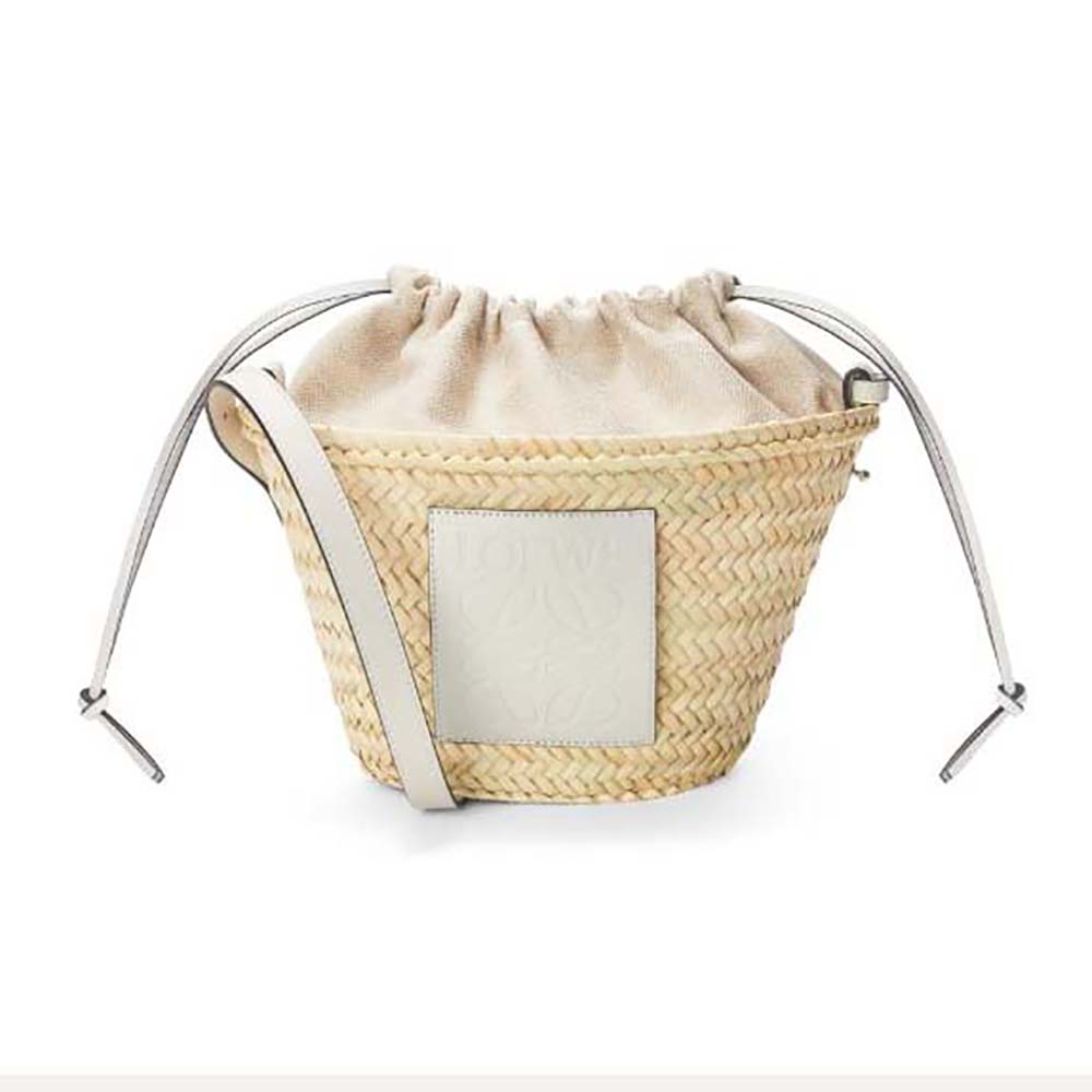 Front view of Loewe Women Drawstring Bucket Bag in Palm Leaf and Calfskin-White
