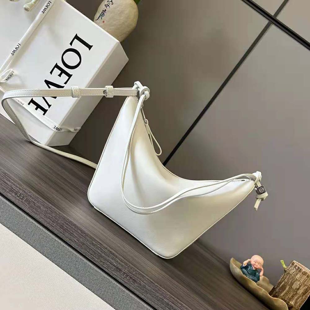 Close-up of elasticated strap and silver hardware detail on Loewe Mini Hammock Hobo Bag