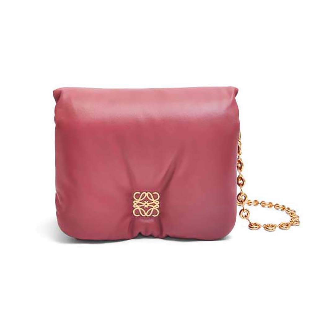 Front view of Loewe Women Puffer Goya Bag in shiny rose lambskin