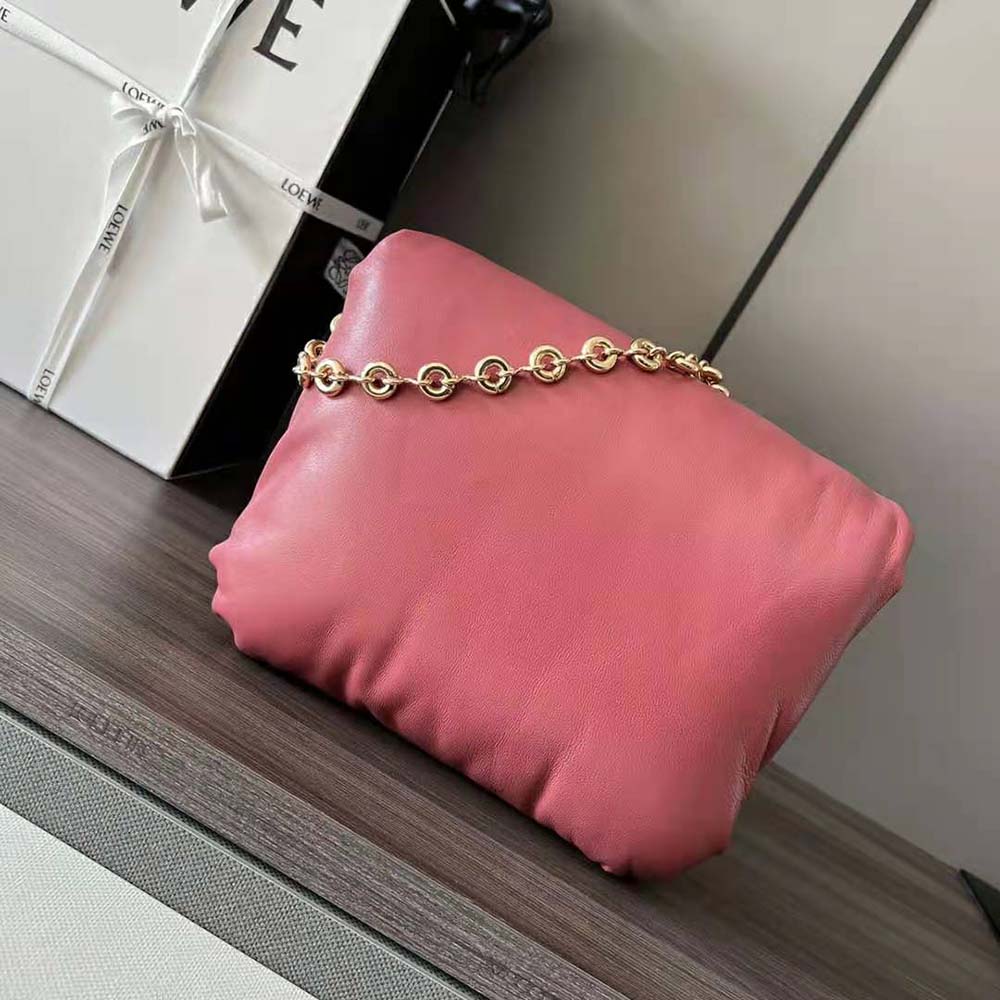 Side profile showing puffer texture of Loewe Women Puffer Goya Bag