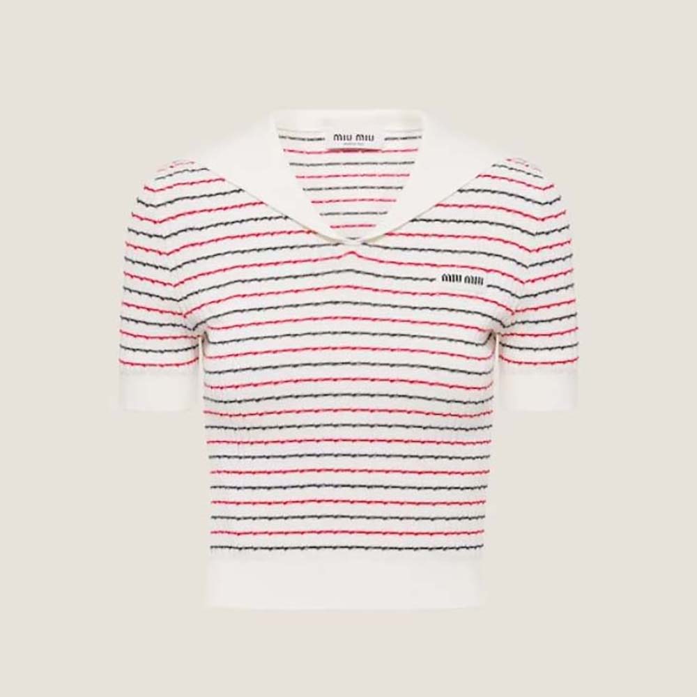 Front view of Miu Miu Women Cotton Sweater with Knit Logo Patch in pink