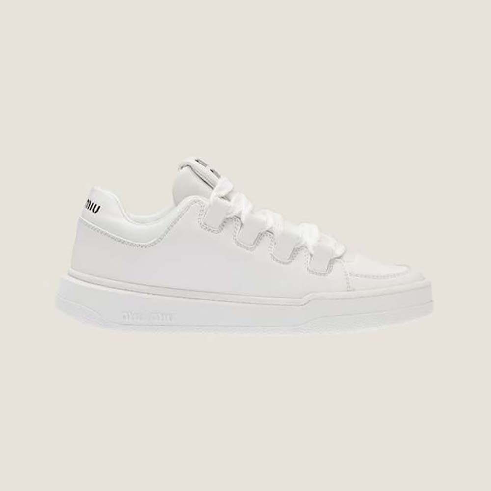 Side profile of Miu Miu Women Leather Sneakers with Lettering Logo in white